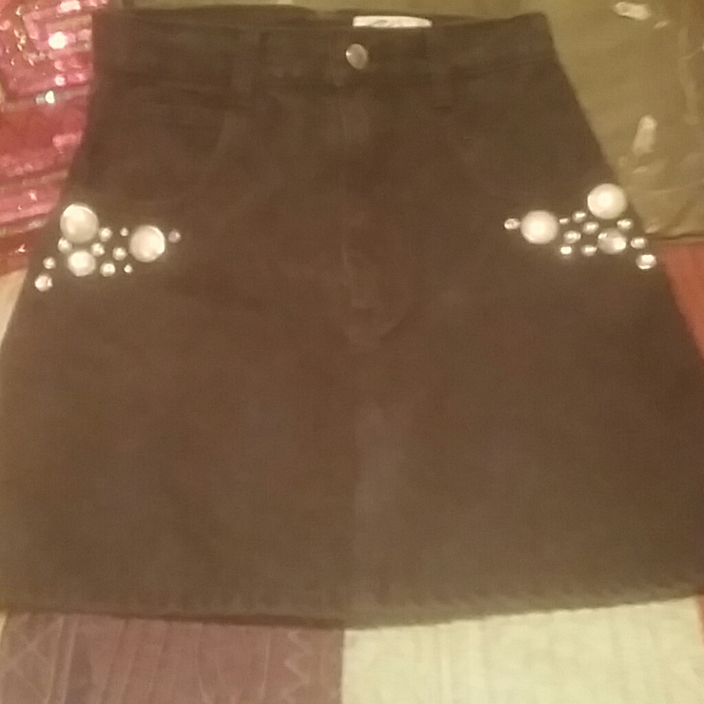 Black, denim mini with pearlized adornments
